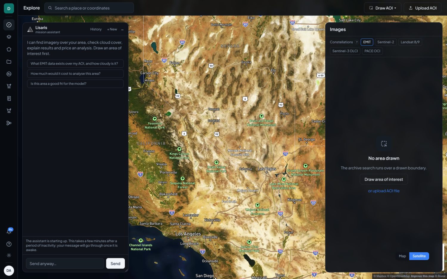 Explore before an area is drawn. The assistant is on the left, the archive search on the right, and both are waiting on a boundary.