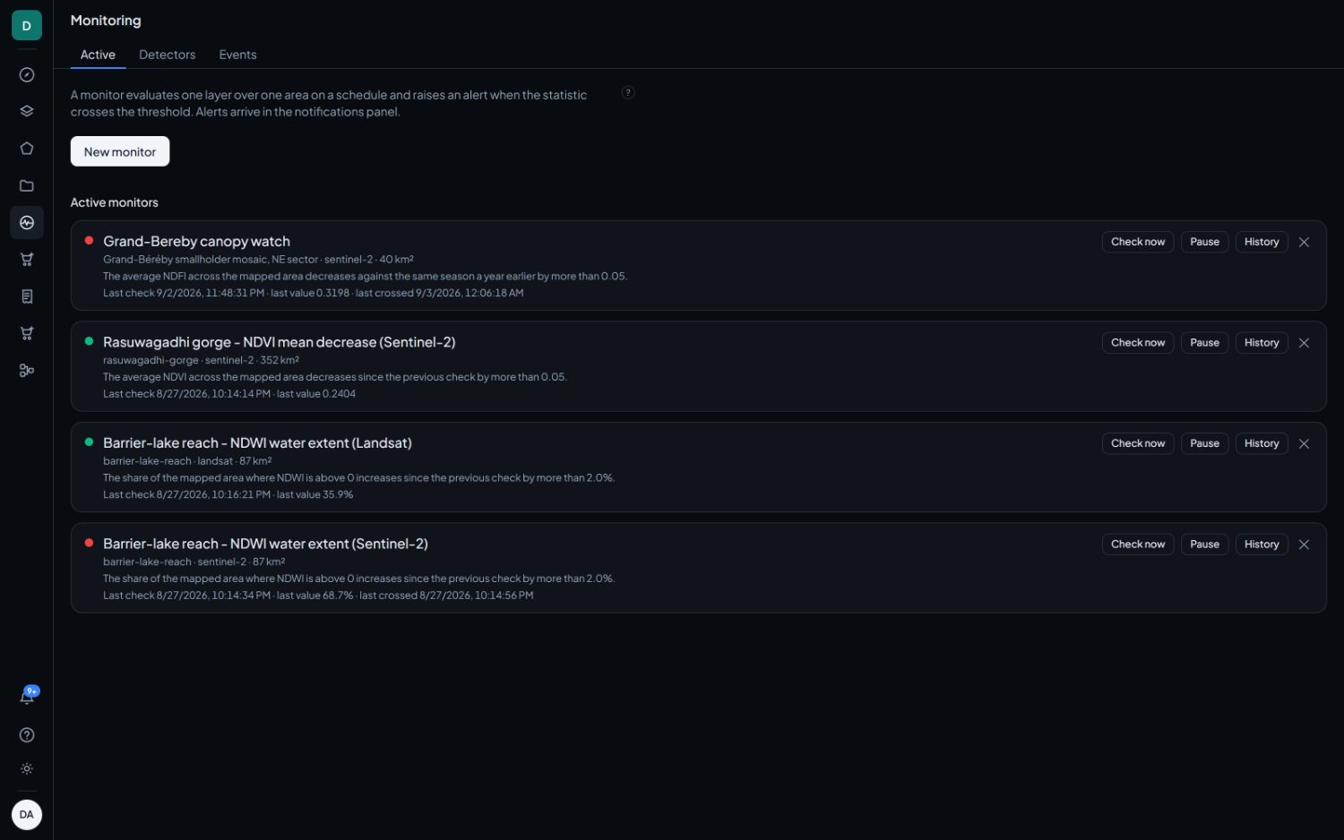 Active monitors. The dot on the left is the current state, and the sentence under each name is the whole rule.