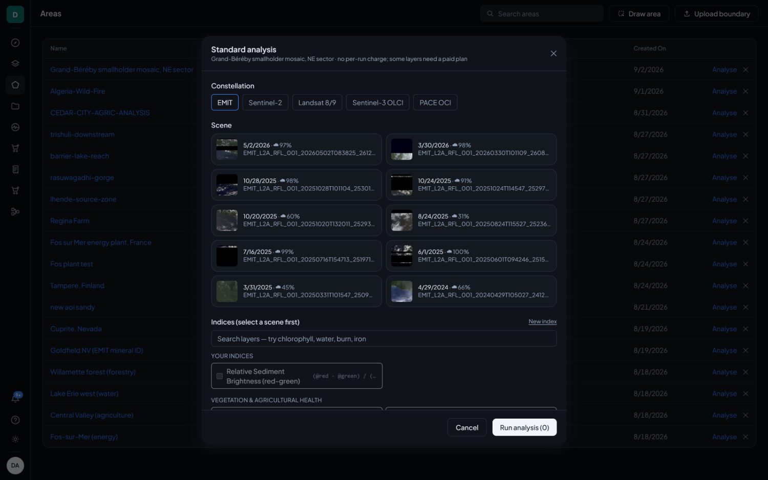 The Standard analysis dialog. Constellation at the top, then the scenes that cover the area, then the layers.