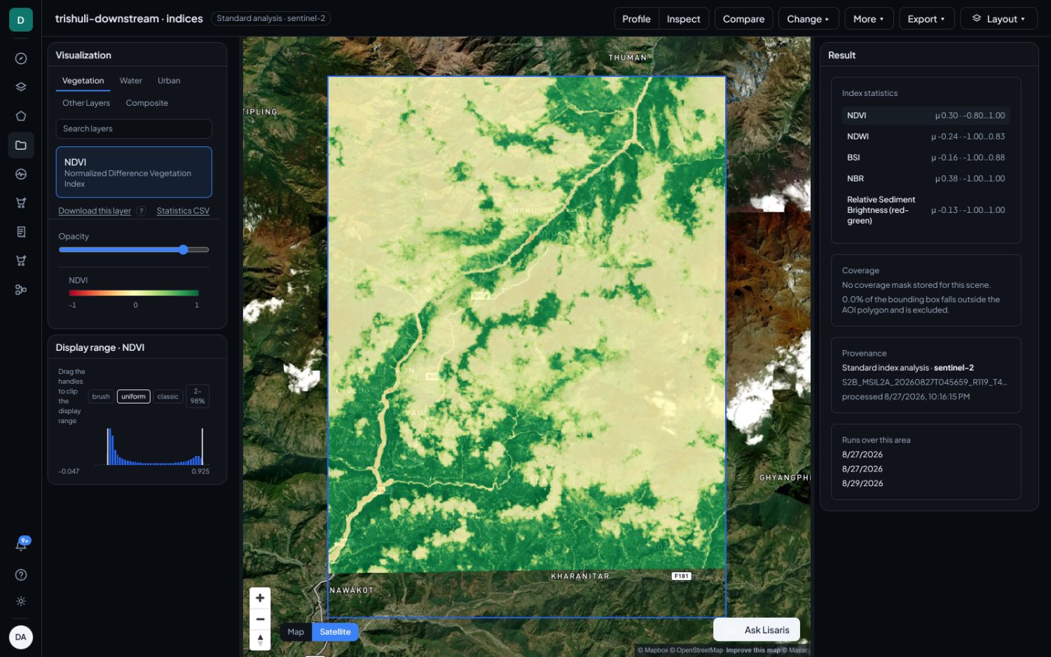 A five-layer index result over the Trishuli valley on Sentinel-2. Visualization and Display range on the left, the map in the middle, Result on the right.