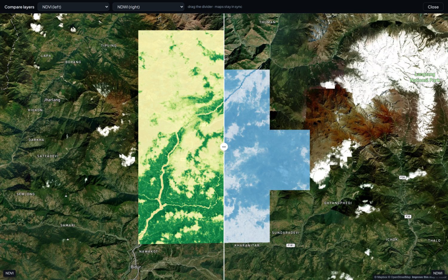 Compare on a five-layer result. The divider is draggable and both maps share one camera.