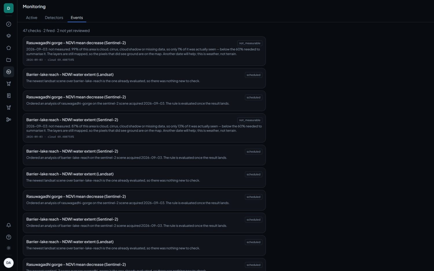 The Events tab. Every check is listed, including the ones that could not conclude and the reason each could not.