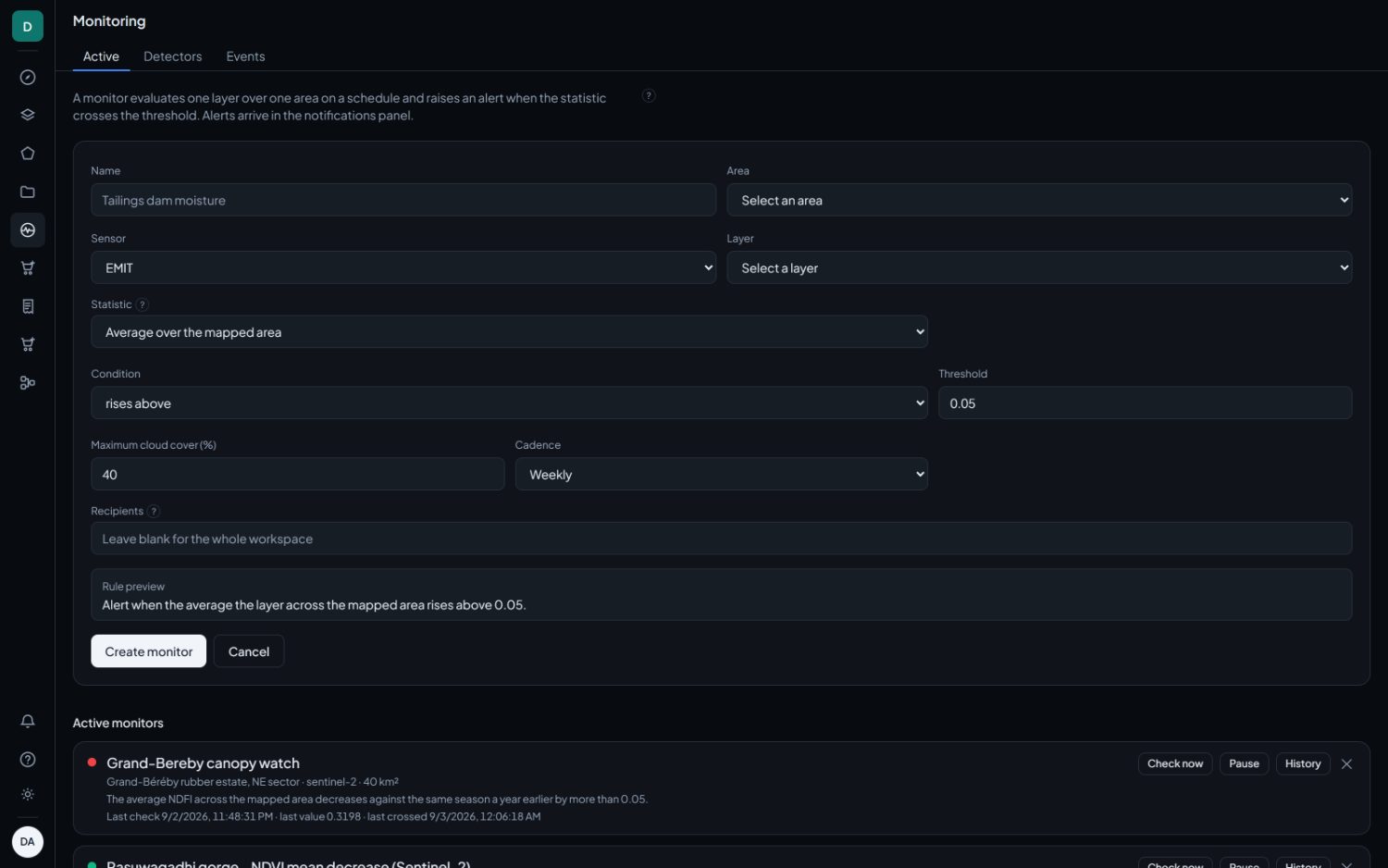 The monitor form. The rule preview at the foot is the rule in the words the alert will use.