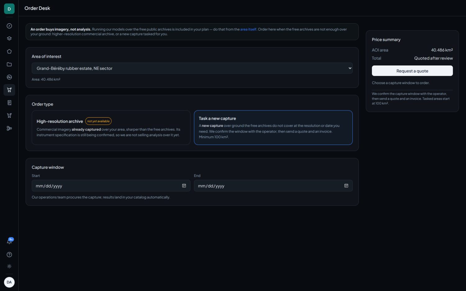 The Order Desk. Order type first, then the scenes or the capture window, with the price summary alongside.
