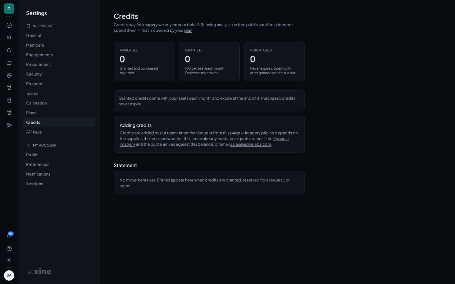 Credits. The statement lists every movement, so an order can be traced to the balance it changed.
