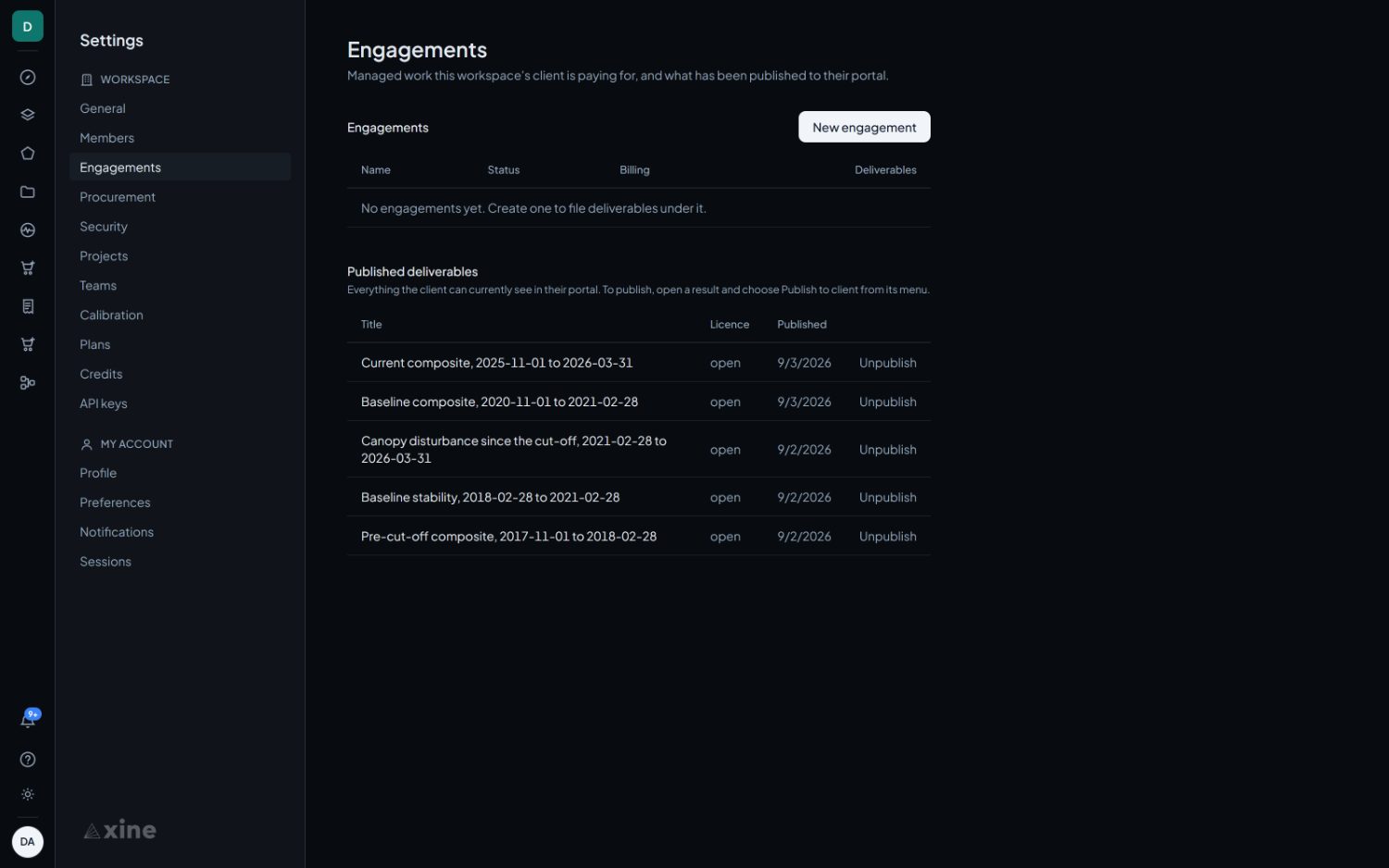 Engagements. The list below the engagements is the whole of what the client can currently see.
