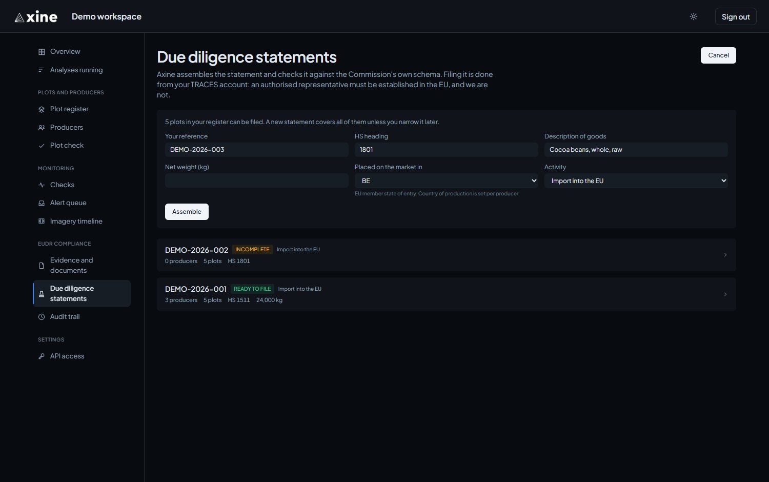 The New statement form, with the member state picker and the activity.