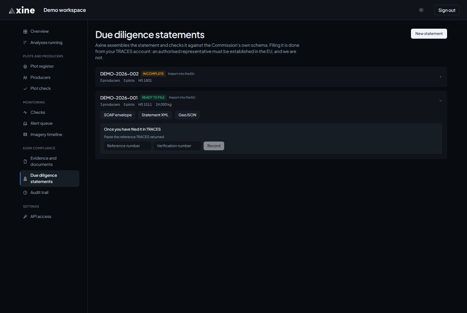 A statement ready to file, with its three downloads and the fields for the numbers TRACES returns.