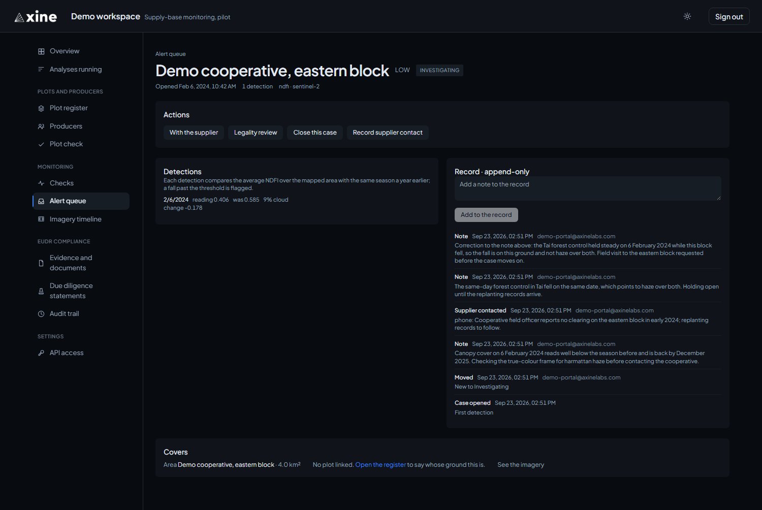 A case under investigation: the actions, the detection that opened it, and the append-only record of notes and supplier contact.